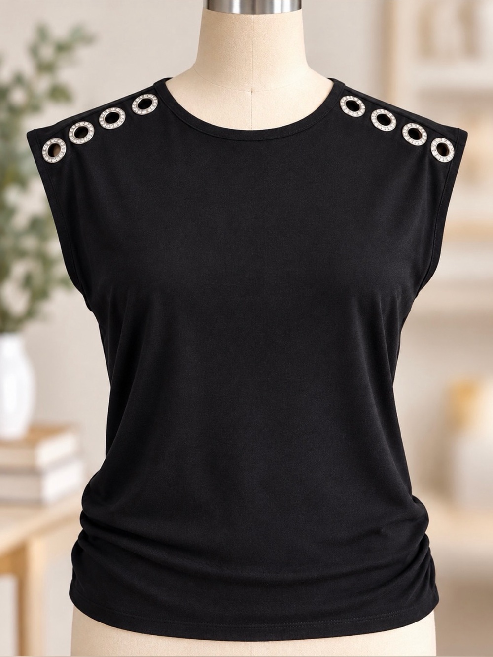 89th & Madison Black Knit Top Rhinestone Grommet Shoulder S